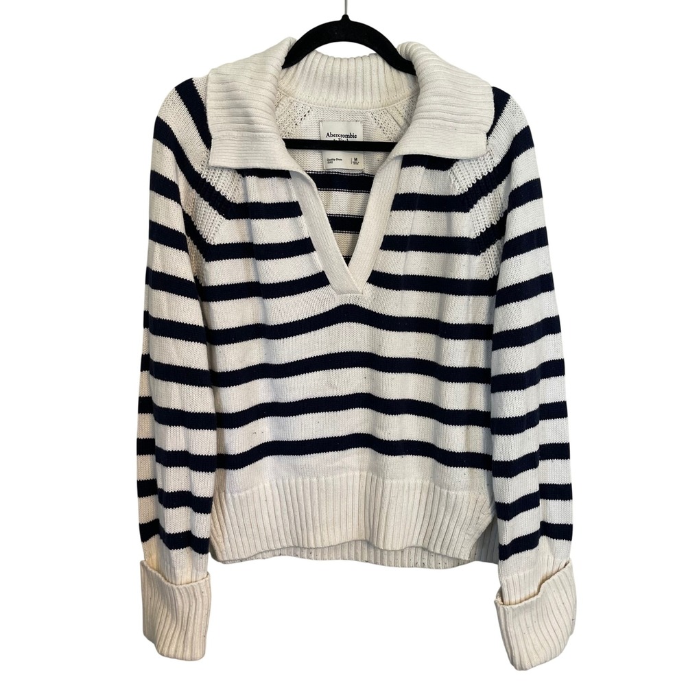 Abercrombie & Fitch Mens Navy White Striped Polo V-Neck Raglan Sweater Medium